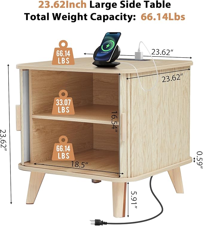 End Table with Charging Station, 24" Fluted Night Stands with Sliding Door, Farmhouse Large Wooden Side Table with Storage for Bedroom Living (Square, Natural)