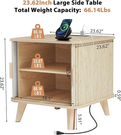 End Table with Charging Station, 24" Fluted Night Stands with Sliding Door, Farmhouse Large Wooden Side Table with Storage for Bedroom Living (Square, Natural)