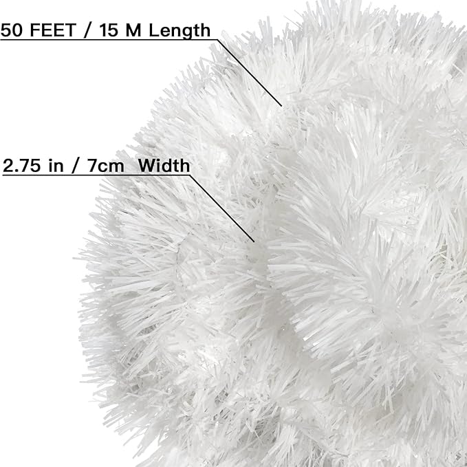 Jishi 50 FT Christmas Garland White Tinsel Garland Christmas Tree Decorations - Non-Lit Xmas Holiday Decor Outdoor Indoor Home Garden Outside Wedding Party Artificial Thick White Decorative Garland