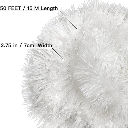 Jishi 50 FT Christmas Garland White Tinsel Garland Christmas Tree Decorations - Non-Lit Xmas Holiday Decor Outdoor Indoor Home Garden Outside Wedding Party Artificial Thick White Decorative Garland