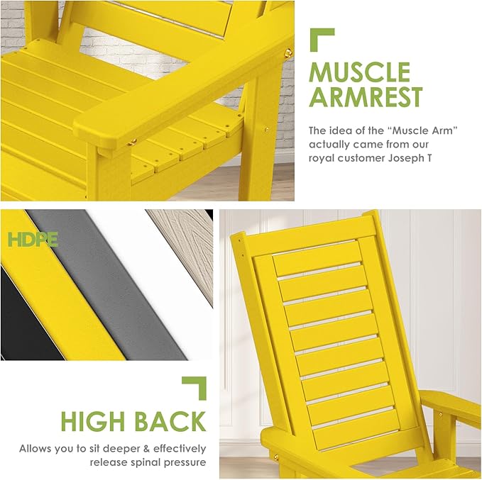 GREENVINES Outdoor Rocking Chairs | Set of 4 | Porch Rocker | HDPE Plastic | Yellow | Oversized Rockers | High Back | Big & Tall | Ladder Back | for Patio Outside Backyard Balcony Garden