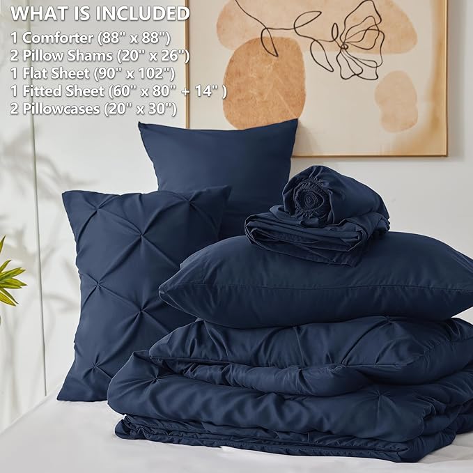 CozyLux Queen Comforter Set Navy Blue, 7 Pieces Pintuck Bed in A Bag, Premium Blue Comforter Queen Size, Pinch Pleat Bedding Sets with Comforter, Sheets, Pillowcases & Shams