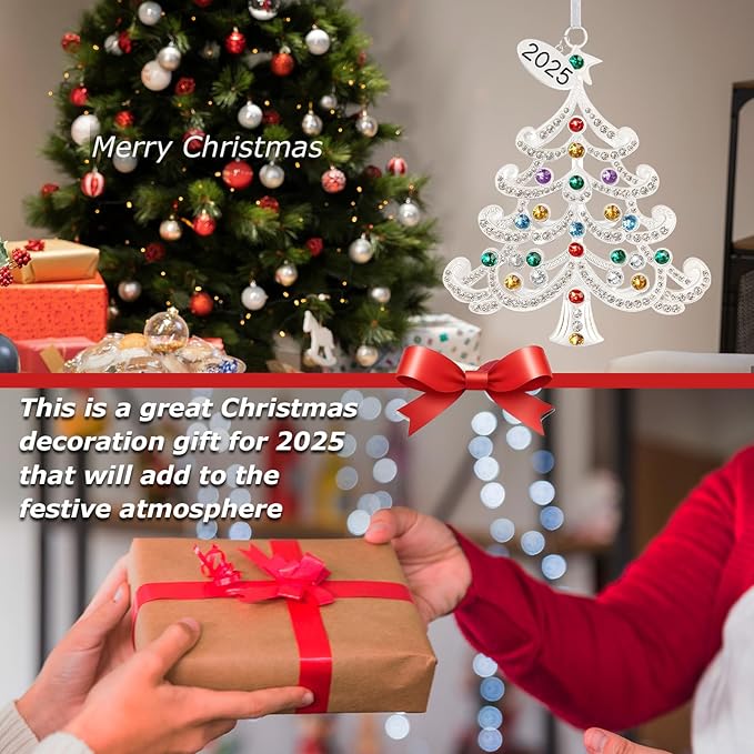 2025 Metal Christmas Tree Ornament Decorations 5" with Colorful Crystals & 2025 Dated Engraved for Keepsake Gifts Holiday Home Party Decor