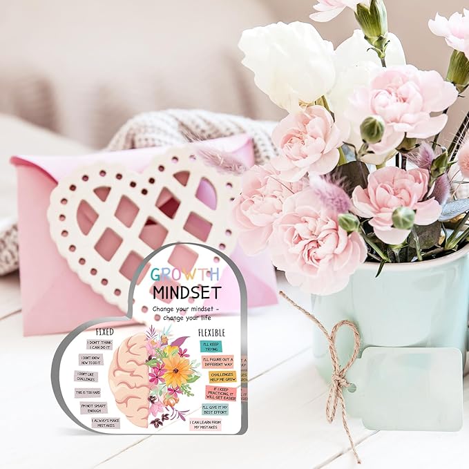 Growth Mindset Decor, Mental Health Therapy Office School Art Educational Challenging Thoughts Affirmation Decorations Positive Sayings Inspirational Gifts Acrylic Heart Inspirational Gift for Teacher