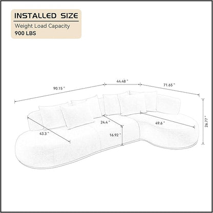 WILLIAMSPACE 134.63" Oversize Curved Sofa Cloud Couch with Round Chaise, Modern Upholstered Curved Sectional Sofa Couch with 6 Pillows for Living Room, No Assembly (Right-Facing,Cream White)