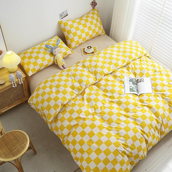 CLOTHKNOW Yellow White Grid Queen Comforter Set Plaid Bedding Comforter Sets Checker Queen Comforter Light Yellow Queen Size Comforter Sets