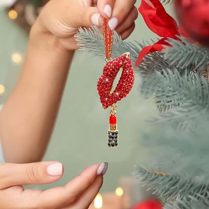 Red Lips Christmas Ornament Red Rhinestones Lip Ornaments for Christmas Tree Metal Lip Hanging Christmas Ornaments Decorations Sexy Lips Xmas Tree Keepsake Gifts for Women Girls Sister Mom