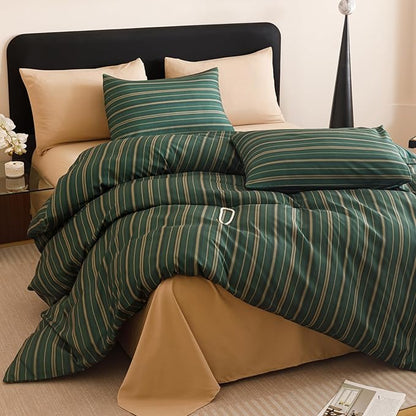 CLOTHKNOW Green Striped Full Size Comforter Set Green Khaki Black Bedding Comforter Sets Ticking Farmhouse Comforter Full Hunter Green Comforter Soft Boho