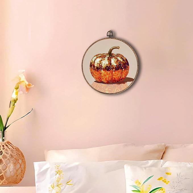 Hxlac Disco Pumpkin Round Wall Art Framed, Glam Disco Ball Orange Pumpkin Round Wall Decor, Trendy Fall Halloween Hanging Canvas Prints Wall Sculptures for Home Living Room Decor, 10x10 Inch