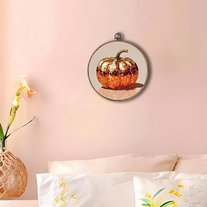 Hxlac Disco Pumpkin Round Wall Art Framed, Glam Disco Ball Orange Pumpkin Round Wall Decor, Trendy Fall Halloween Hanging Canvas Prints Wall Sculptures for Home Living Room Decor, 10x10 Inch