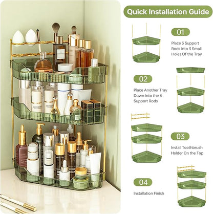Corner Bathroom Counter Organizer with Makeup Brush Holder & Toothbrush Holders, Makeup Organizer for Vanity Countertop, Acrylic Skincare Storage Shelf (Green, 3-Tier)
