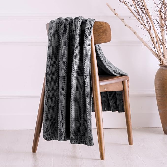 RECYCO Cable Knit Dark Grey Throw Blanket, Super Soft Warm Cozy Decorative Knitted Throw Blanket 2.3LB 50"x60"