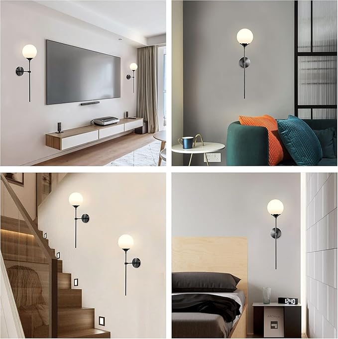 KCO Lighting Mid Century Modern Bathroom Wall Light Minimalist Black Slim Wall Sconces Milk Glass Globe Wall Sconce Industrial Wall Mounted Lamp Long Wall sconces Indoor