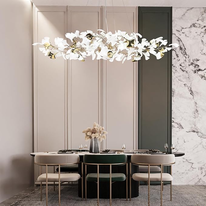 59in Gold Branch Chandelier, Modern White Ginkgo Leaf Chandeliers, Hanging Brass Gold Chandelier Pendant Light Fixture for Living Room, Dining Room 10-Light