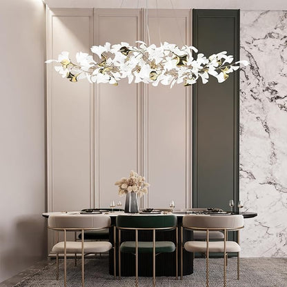 59in Gold Branch Chandelier, Modern White Ginkgo Leaf Chandeliers, Hanging Brass Gold Chandelier Pendant Light Fixture for Living Room, Dining Room 10-Light