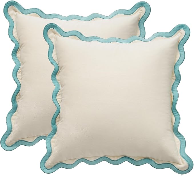 MONDAY MOOSE Decorative Throw Pillow Covers Cushion Cases, Set of 2 Soft Velvet Scalloped Wavy Edge Designs, Mix and Match for Home Decor, Pillow Inserts Not Included (White/Light Blue, 16x16 inch)