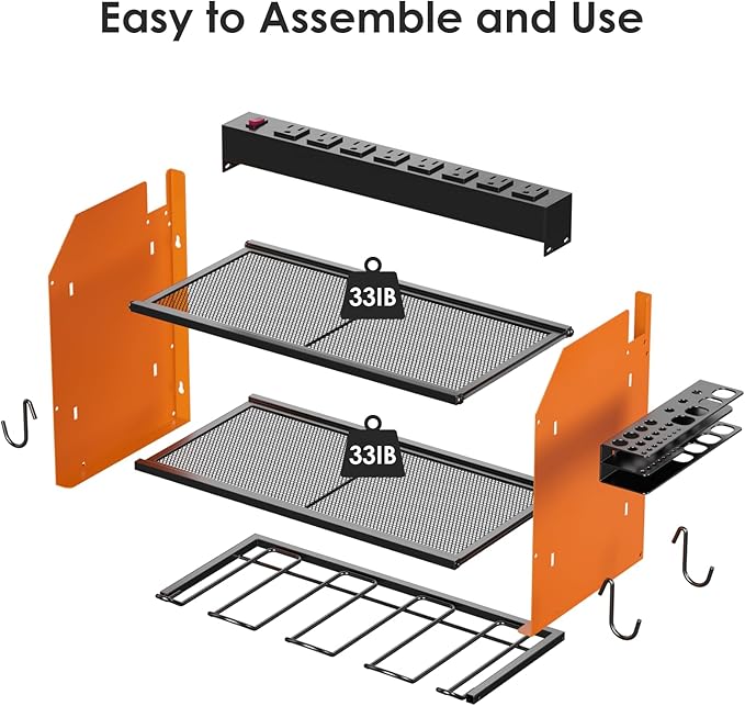 CCCEI Set Power Tool Organizer Wall Mount with Charging Station. Garage 4 Drill Storage Shelf with Hooks, Heavy Duty Metal Tool Battery Charger Organizer. Shop Utility Rack with Power Strip Orange.