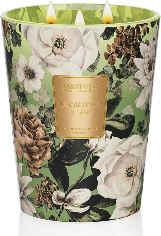 M&SENSE Eucalyptus Sage Scented Candle, 35oz 150H Long Lasting, 3-Wick Natural Soy Candles Aromatherapy Relaxing Sleep, Fall Winter Christmas Thanksgiving Home Fragrance Housewarming Gifts