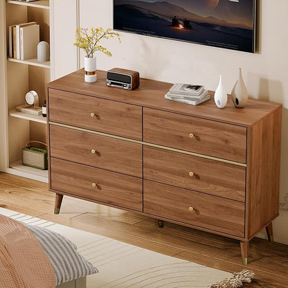 6 Drawer 47" Wide Mid Century Wooden Chest of Drawers, Walnut