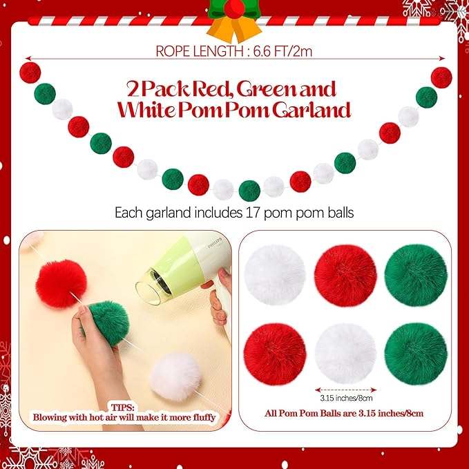 2 Pack Large Pom Poms Garland Hanging Decorations Colorful Soft Faux Rabbit Fur Ball Garland for Easter Xmas Holiday Wedding Baby Shower Birthday Party Supplies(Christmas,3.15 Inch)