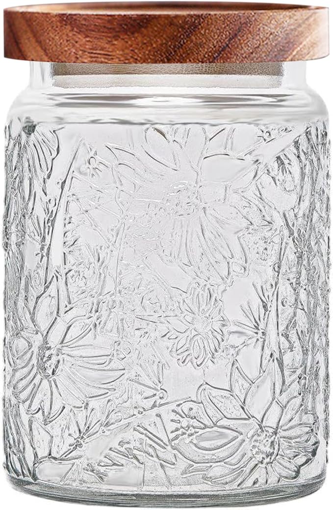 Vintage Glass Jars with Wooden Lids, 24 oz Airtight Glass Food Storage Containers Sets for the Kitchen, Sugar Coffee Tea Cookie Candy Spice Pasta