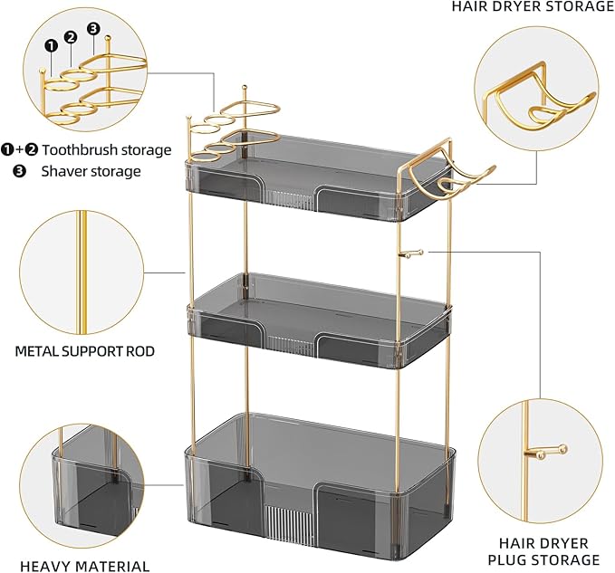 3 Tier Bathroom Organizer Countertop Makeup Perfume Skincare Organizer Comes with Hair Dryer Rack and Toothbrush Holder for Bathroom Dresser Vanity (Grey)