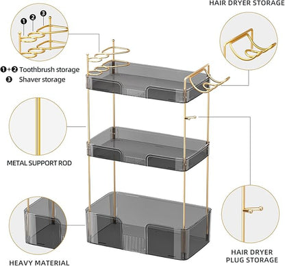 3 Tier Bathroom Organizer Countertop Makeup Perfume Skincare Organizer Comes with Hair Dryer Rack and Toothbrush Holder for Bathroom Dresser Vanity (Grey)