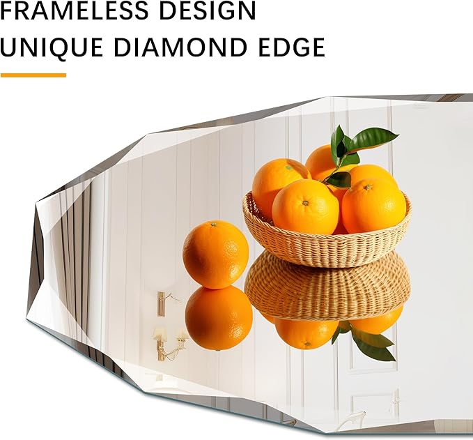 KOCUUY 24"x36" Frameless Wall Mirror, Arched Shape with Diamond-Shaped Beveled Edge,Unframed Decorative with Upgraded Shatterproof Glass,Unique Frameless Mirror for Bathroom,Living Room,Bedroom