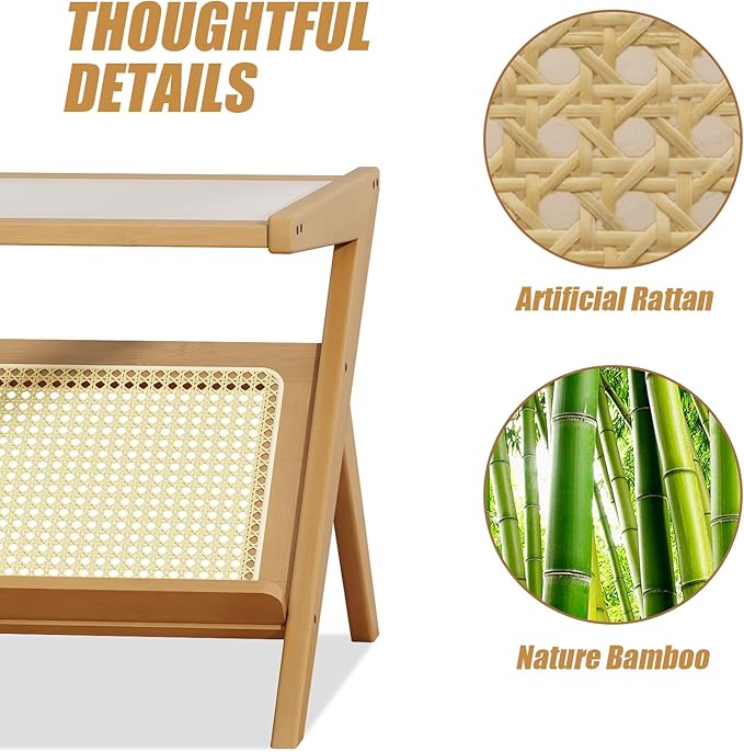 Bamworld Rattan Coffee Table Mid-Century Modern Coffee Table BambooTable with Glass Top for Living Room Office