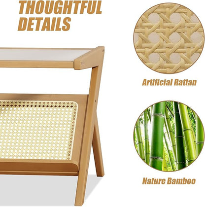 Bamworld Rattan Coffee Table Mid-Century Modern Coffee Table BambooTable with Glass Top for Living Room Office