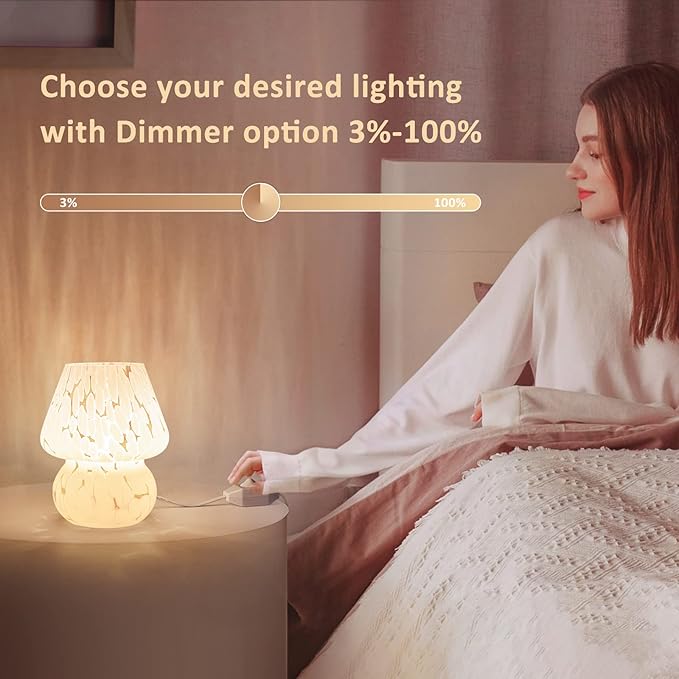 ONEWISH Cute Mushroom Lamp Small Table Lamp Set of 2 Stepless Dimmable, Translucent Glass White Nightstand Lamp for Bedroom Dorm Kids Room Living Kitchen, Murano Aesthetic Home Decor