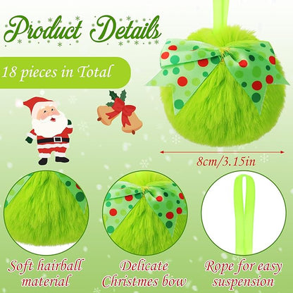 Liliful 18 Pcs Lime Green Furry Christmas Ball Ornaments3.15 Inch Bow Xmas Furry Ornaments Hanging Christmas Pom Pom Ball Decorations for Home Xmas Tree Party Supplies Wall Decor(Style 3,Green)