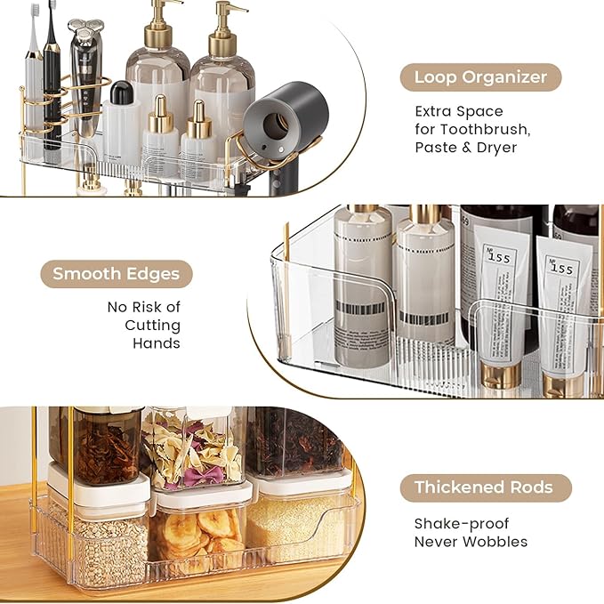 Bathroom Counter Organizer Countertop, 3 Tier Makeup Perfume Storage with Hair Dryer Rack and Toothbrush Holder, Cosmetic Tray for Vanity - Clear