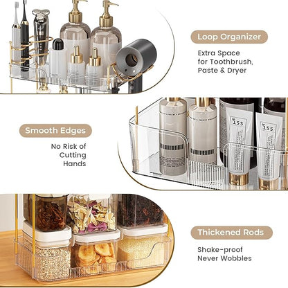 Bathroom Counter Organizer Countertop, 3 Tier Makeup Perfume Storage with Hair Dryer Rack and Toothbrush Holder, Cosmetic Tray for Vanity - Clear