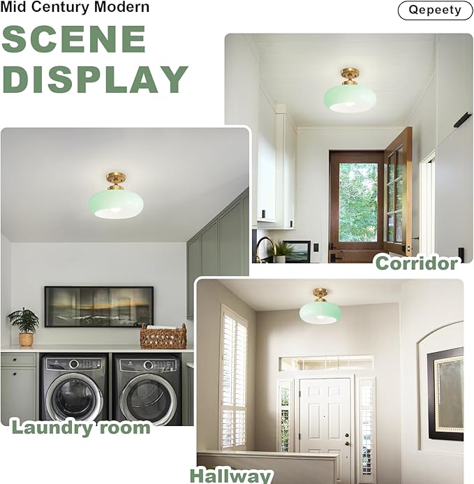 Mid Century Modern Ceiling Lamp 1-Light Gold Ceiling Light Classic Green Glass Shade Vintage Design Glass Flush Mount Lights for Hallway Living Room Kitchen (Mint Green)