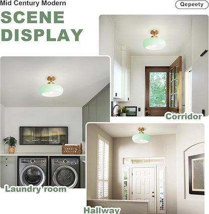 Mid Century Modern Ceiling Lamp 1-Light Gold Ceiling Light Classic Green Glass Shade Vintage Design Glass Flush Mount Lights for Hallway Living Room Kitchen (Mint Green)