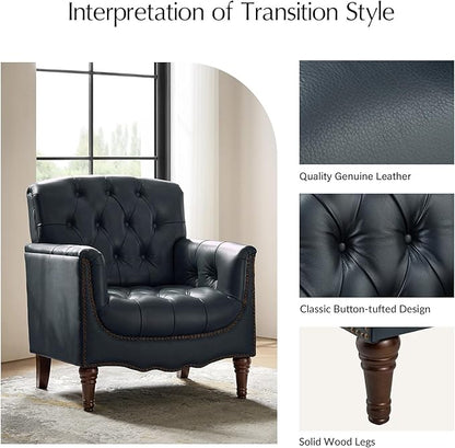HULALA HOME Mid Century Modern Leather Club Chairs Set of 2, Top-Grain Genuine Leather Armchairs with Button-Tufted Back & Solid Wood Legs, Accent Chairs for Living Room/Bedroom/Home Office, Navy