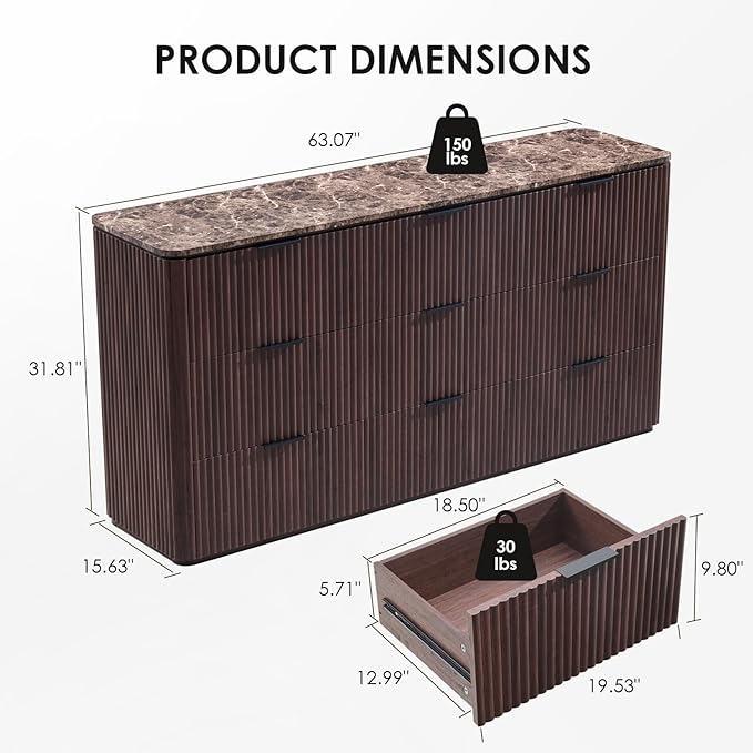 Fluted 9 Drawer Dresser for Bedroom, 63" Wide Modern Chest of Drawers with Faux Marble Top, Curved Corners, Wooden Dresser TV Stand with Organizer Storage for Living Room (Dark Oak, 63" W)