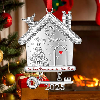 New Home Christmas Ornament 2025, Our First Christmas in New Home House Ornament with 2025 Key Design, Housewarming Gift for New Homeowners, Metal Xmas Tree Decoration Keepsake