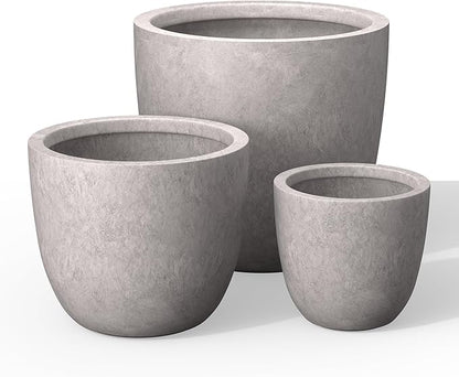Kante 18",14",10" Dia Concrete Round Planters (Set of 3), Outdoor Indoor Large Planter Pots with Drainage Hole and Rubber Plug for Home Patio Garden, Light Gray