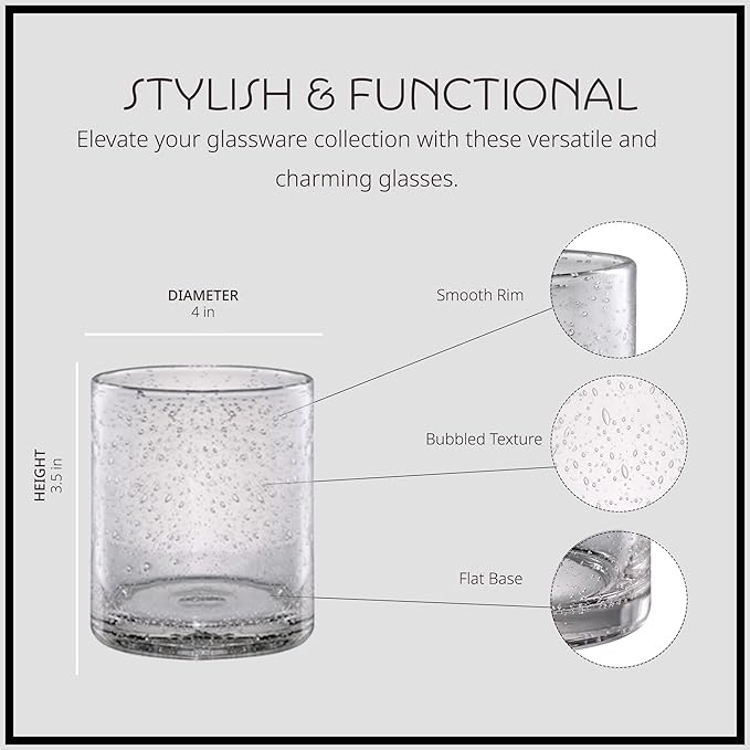 Artland 14oz Double Old Fashion Glass, Set of 4 | Iris Seeded Design, Clear | Drinking Glass for Parties and Everyday Use - Mojito, Whiskey, Cocktail | Glassware & Barware Essentials