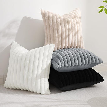 decorUhome Faux Fur Christmas Throw Pillow Covers 12x20 Set of 2, Decorative Soft Plush Striped Lumbar Neutral Euro Pillow Covers with Velvet Back for Bed, Living Room Home Decor, White