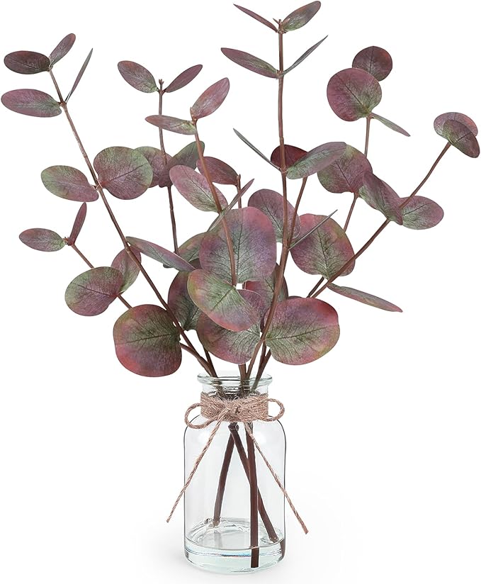 Artificial Eucalyptus Stems in Glass Vase with Faux Water, 14" Fake Plants for Home Decor Centerpieces, Office, Bathroom & Farmhouse Weddings - Faux Plants Decorations