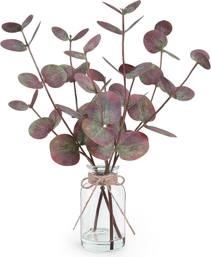 Artificial Eucalyptus Stems in Glass Vase with Faux Water, 14" Fake Plants for Home Decor Centerpieces, Office, Bathroom & Farmhouse Weddings - Faux Plants Decorations