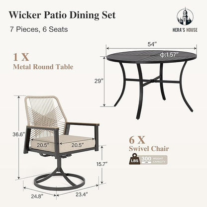 HERA'S HOUSE Patio Table and Chairs Set, Outdoor Dining Set for 7, 6 x Cushioned Woven Rattan Patio Swivel Chairs and 1 x 54” Round Table with Umbrella Hole, Outdoor Rattan Dining Set for Lawn