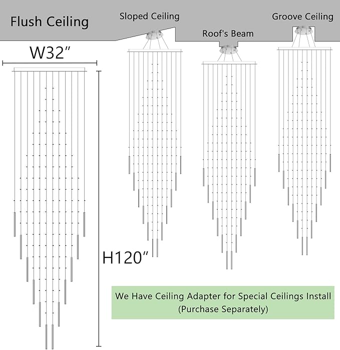 W32 x H120 Glam Chandelier with LED Bulbs Crystal Raindrop High Ceiling Pendant Light for Entrance Large Villa Chandelier Foyer Lighting Fixtures Silver