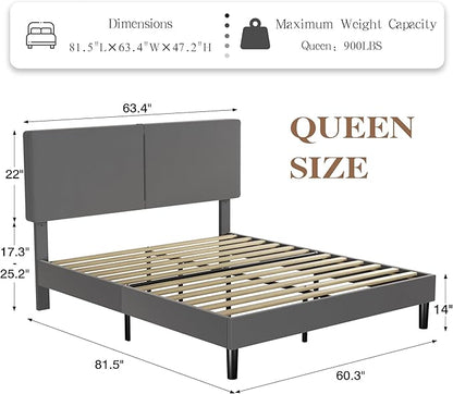 VECELO Queen Bed Frame with Type-C & USB Ports, Upholstered Platform Height-Adjustable Cotton and Linen Headboard,No Box Spring Needed,Noise-Free,Easy Assembly, Dark Gery