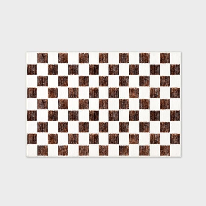 EVERGRACE Checkered Plaid Area Rug 4x6, Soft Fuzzy Faux Wool Rugs Washable Anti Slip Rugs Large Rug Carpet for Entryway Bedroom Living Room Hallway Kitchen Dining Room and Laundry Room, Dark Brown