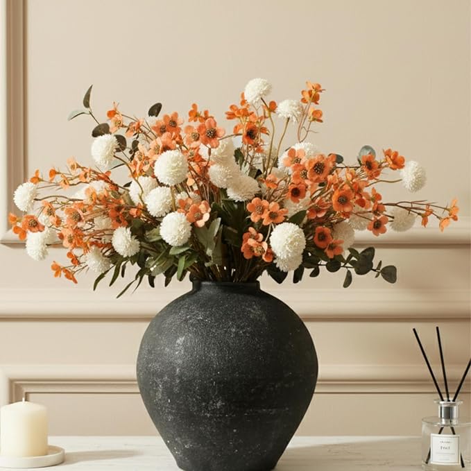 RyddeligHome Artificial White Kiku & Orange Wax Flowers, Bulk Silk Flowers with Long Stems for Vases, Spring Floral Stems Arrangements for Home Decor, Centerpieces for Tables, Rustic Decorations