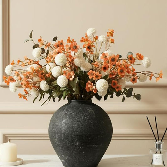 RyddeligHome Artificial White Kiku & Orange Wax Flowers, Bulk Silk Flowers with Long Stems for Vases, Spring Floral Stems Arrangements for Home Decor, Centerpieces for Tables, Rustic Decorations